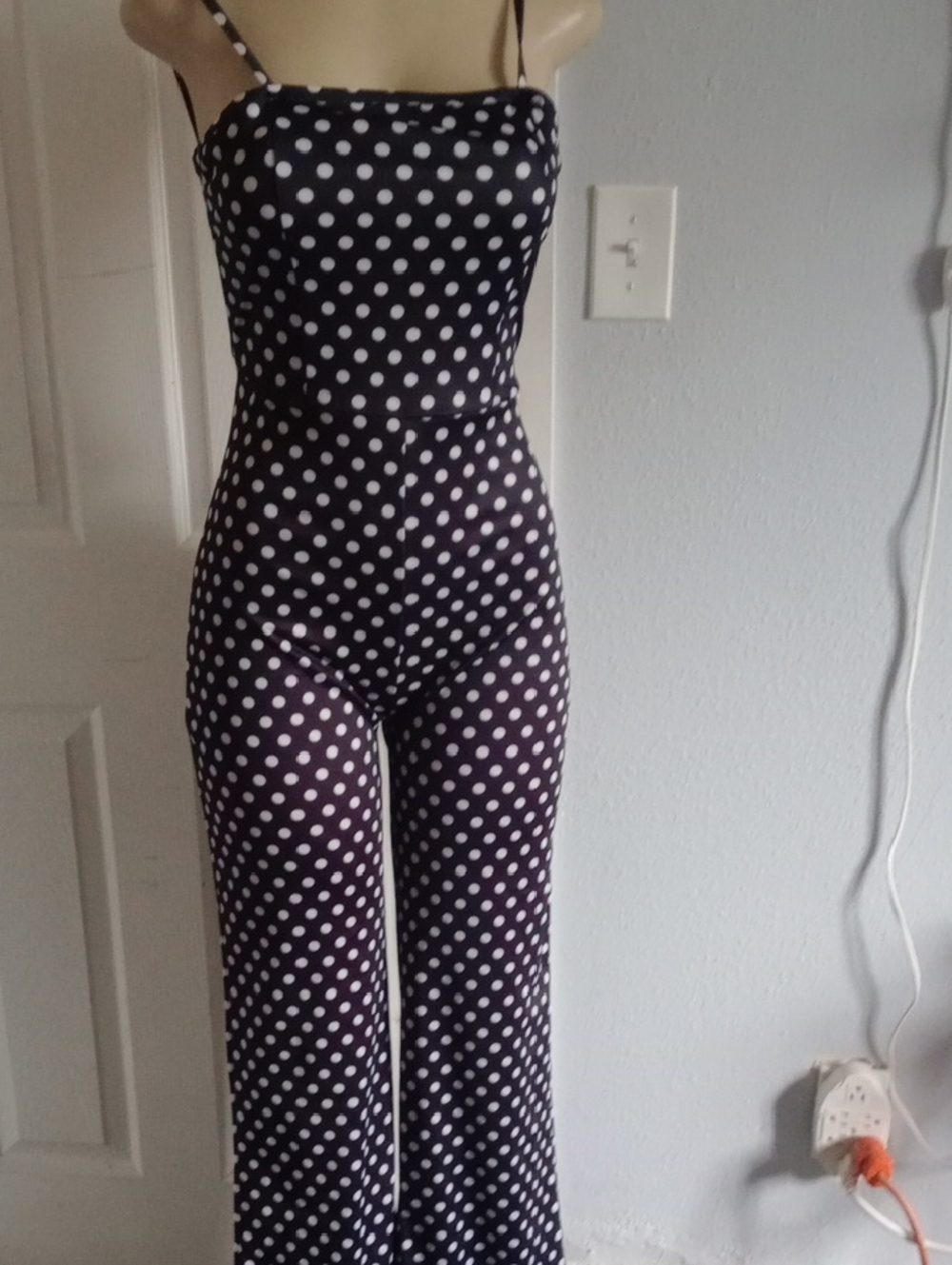 Polka Dot Strap Jumpsuit - Navy & White